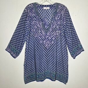 Amaya Womens 42 US M Silk Embroidered V-Neck Tunic Top Blue Purple Green Boho